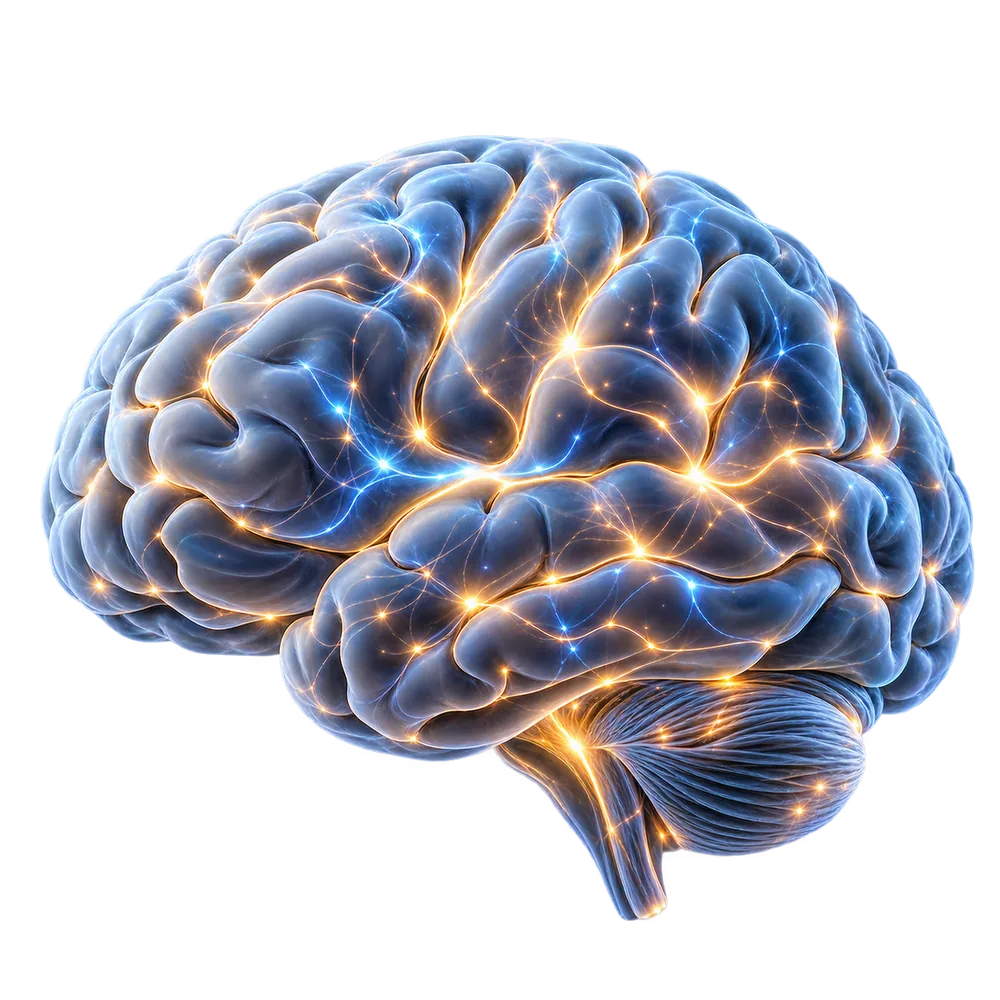 Cérebro azul brilhante com ligações neuronais douradas e luminosas